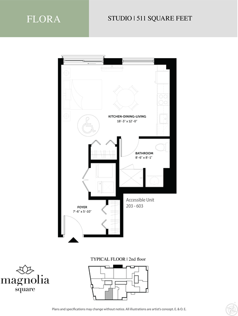 Floor plan for studio, 1 bath, 511 sqft